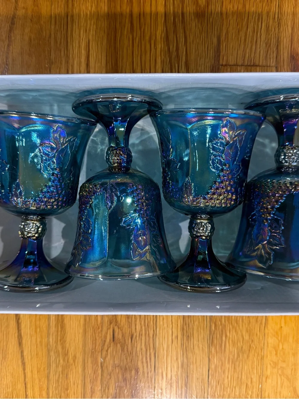 Iridescent Blue Glass Pitcher and 4 Goblets Set